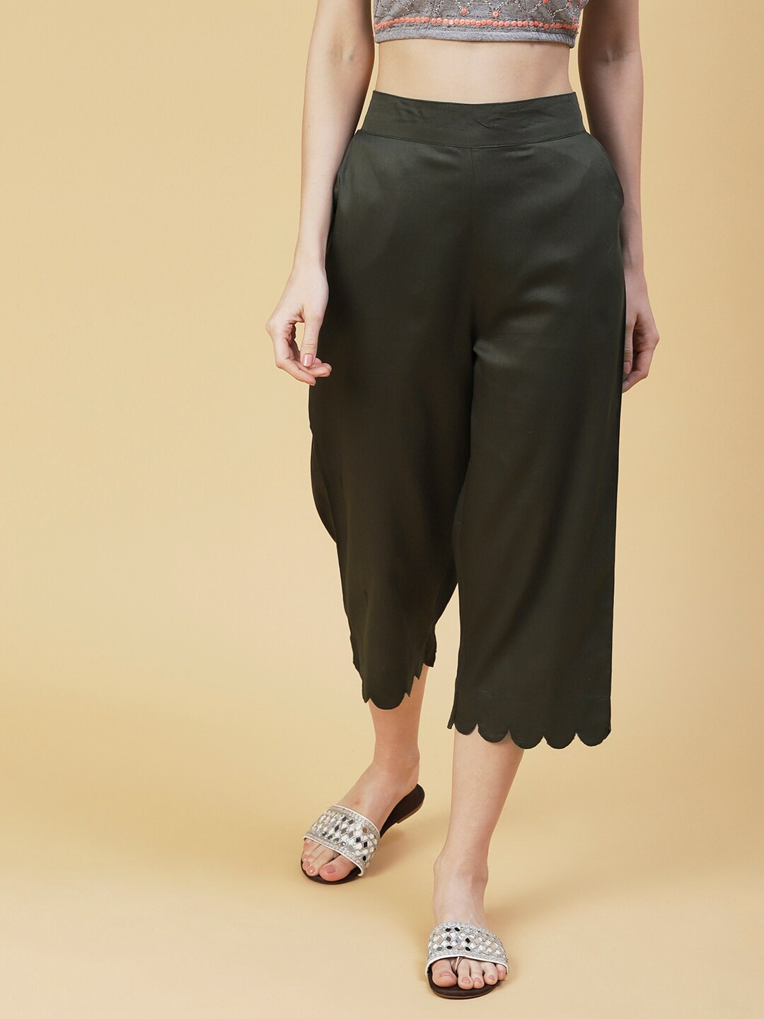 

FASHOR Women Olive Green Hem Design Knitted Palazzos