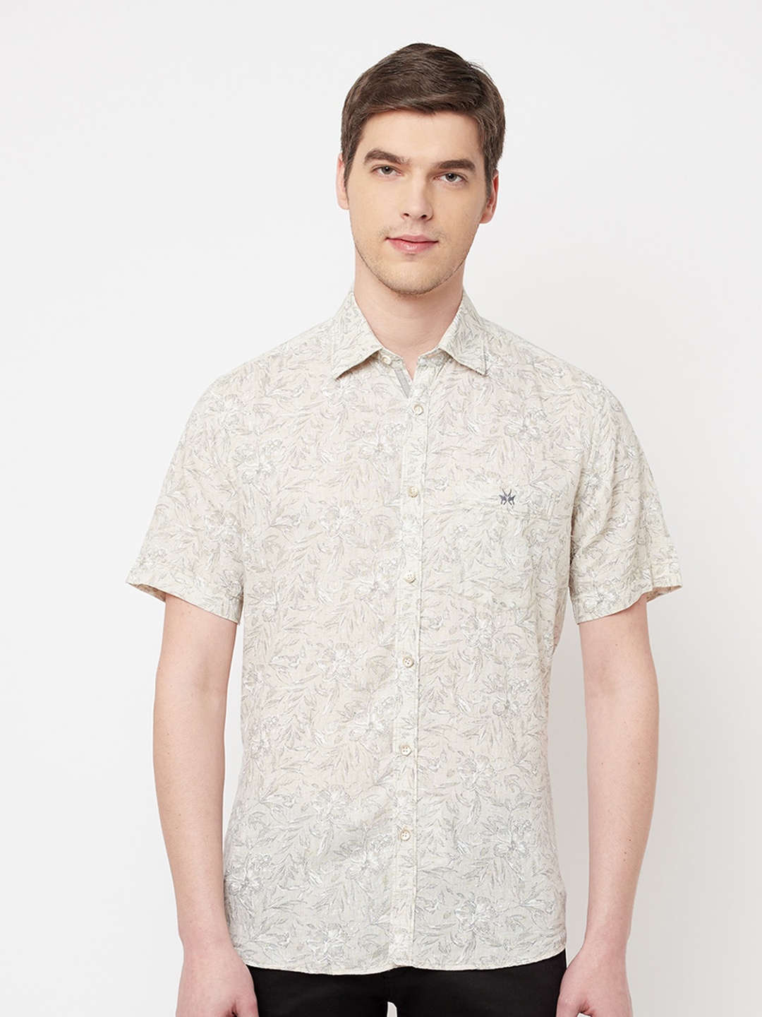 

Crimsoune Club Slim Fit Floral Printed Casual Shirt, Beige