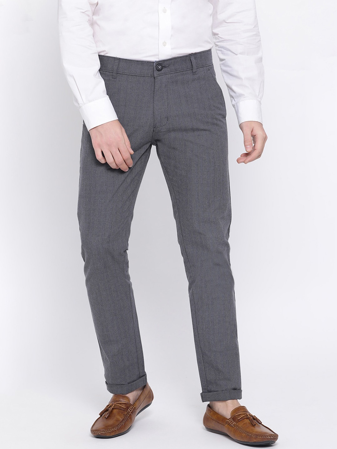 

Crimsoune Club Men Mid Rise Plain Knitted Cotton Slim Fit Formal Trousers, Grey