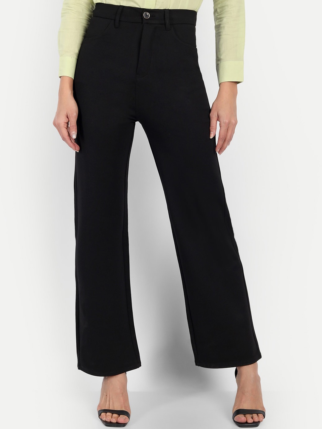 

BROADSTAR Women Loose Fit High-Rise Easy Wash Wide Leg Formal Trousers, Black