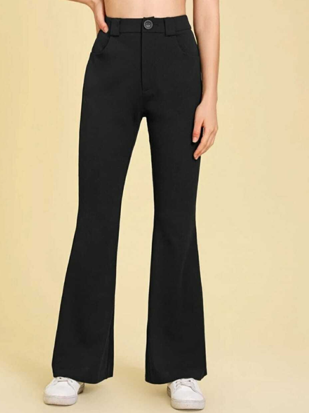 

BROADSTAR Women Flared High-Rise Easy Wash Bootcut Trousers, Black