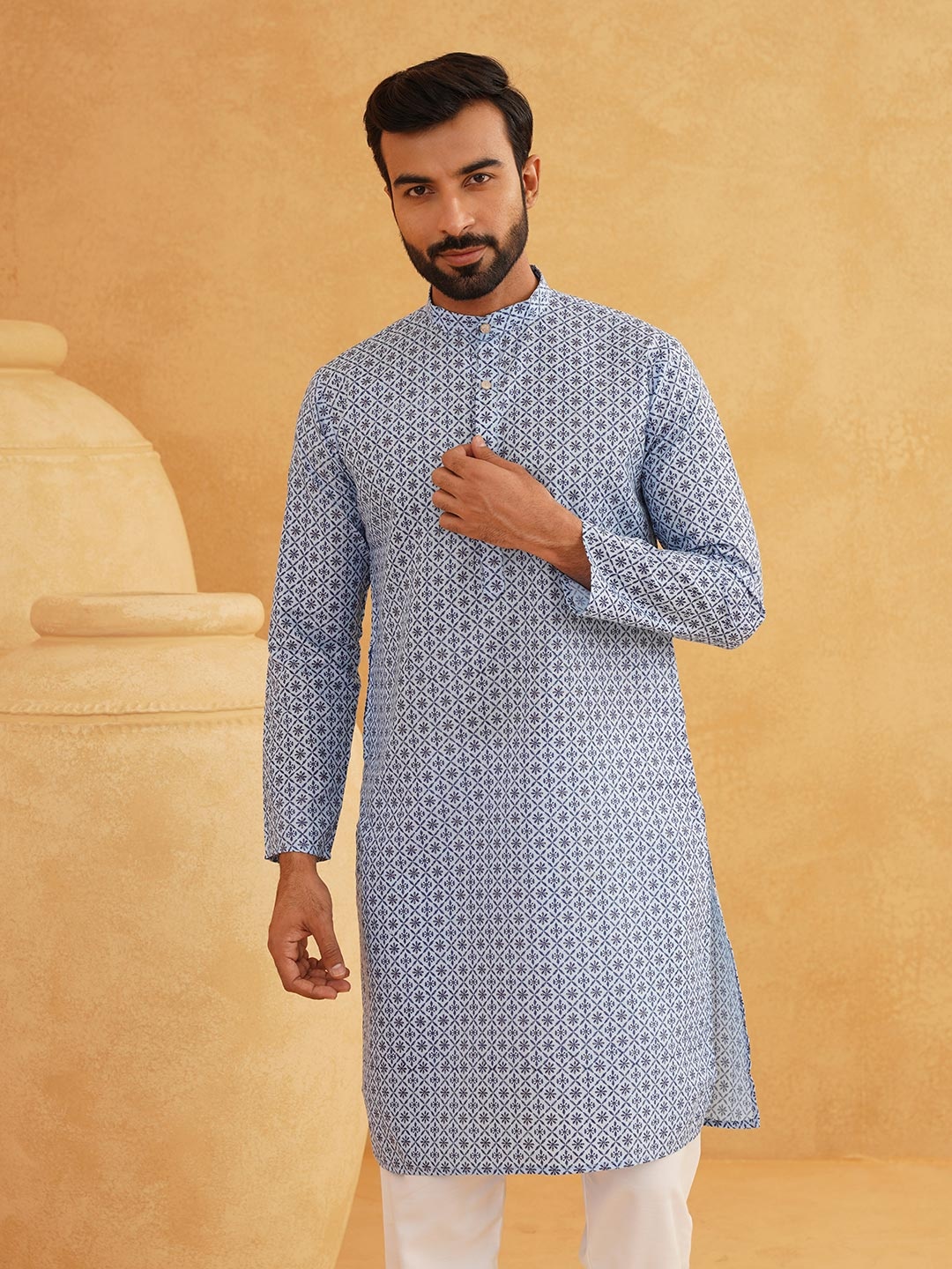 

SOJANYA Men Ethnic Motifs Foil Printed Cotton Linen Kurta, Blue