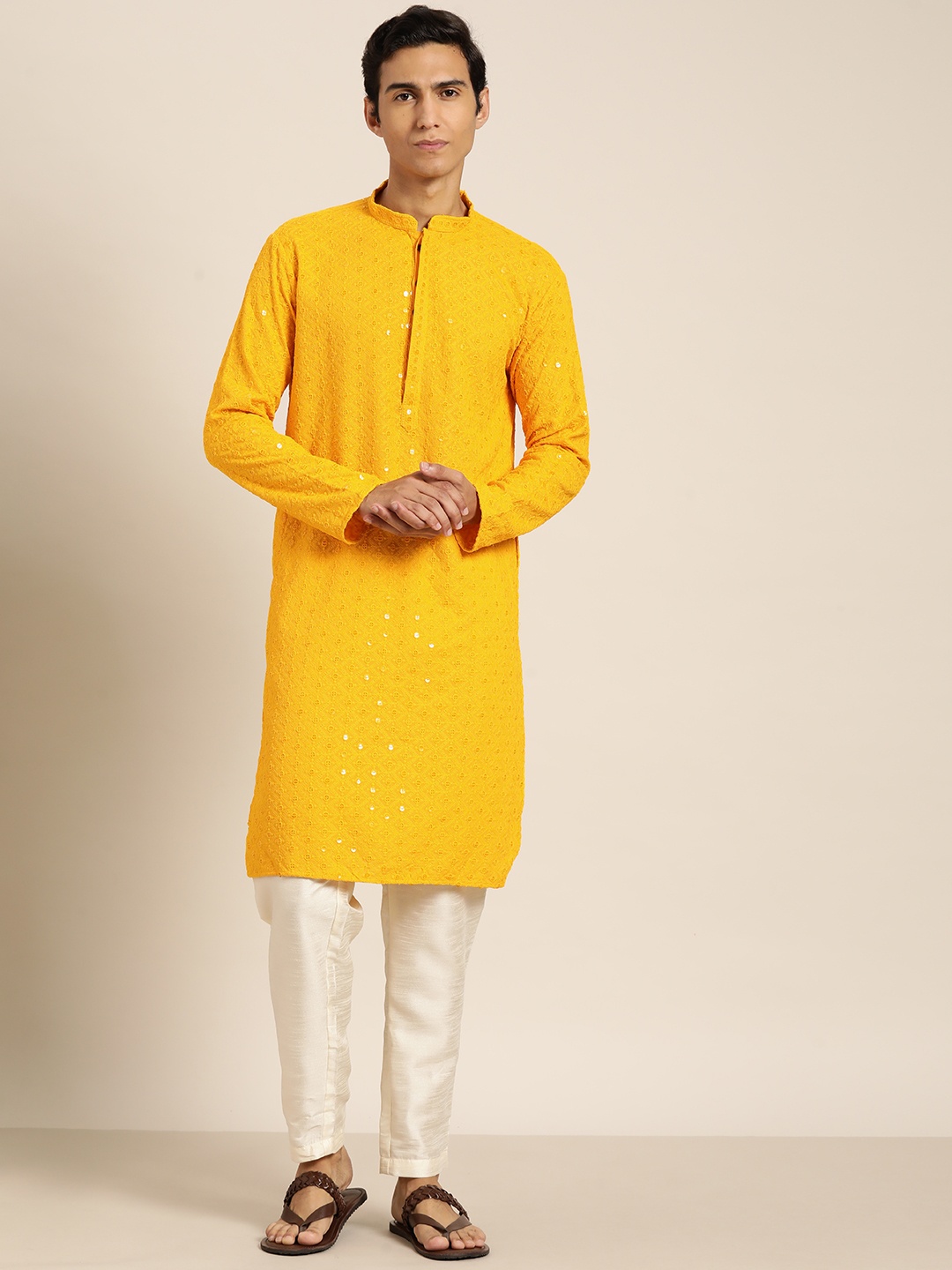 

SOJANYA Men Embroidered Sequinned Pure Cotton Kurta, Mustard