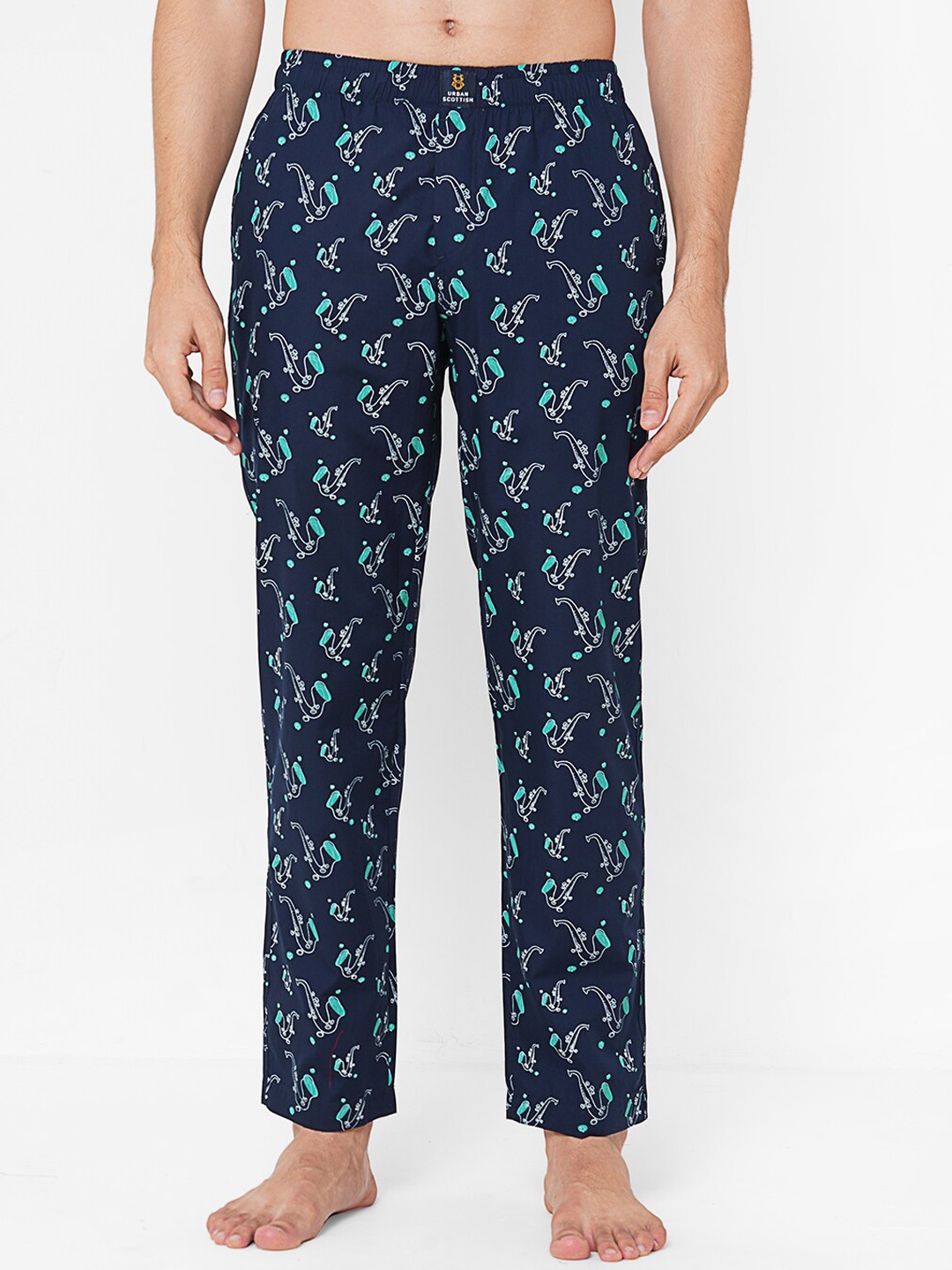 

URBAN SCOTTISH Men Printed Pure Cotton Mid-Rise Lounge Pant, Navy blue