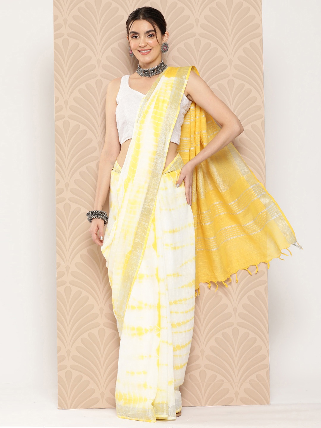 

Yufta Tie & Dye Linen Cotton Saree, Yellow