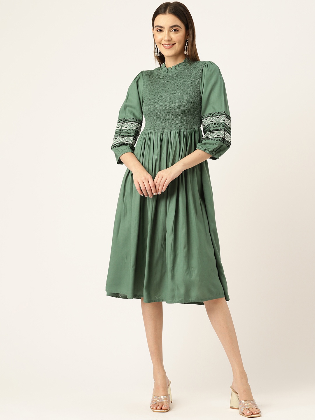 

MISRI Smocked Puff Sleeve A-Line Midi Dress, Green