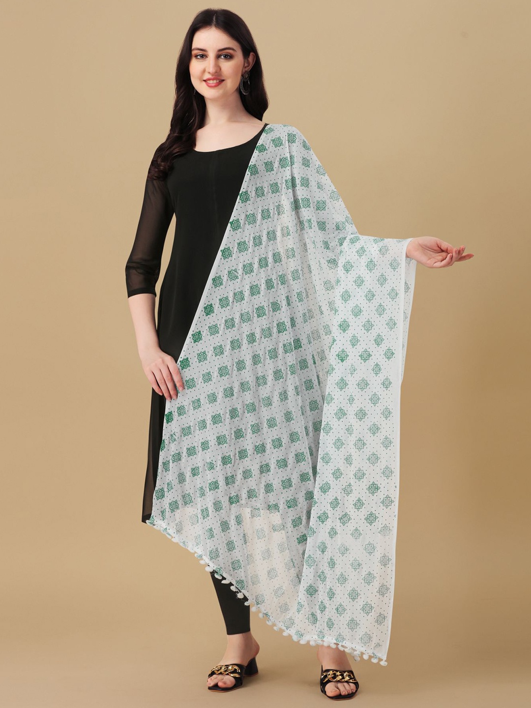 Nimidiya Ethnic Motifs Printed Tasseled Border Dupatta, White