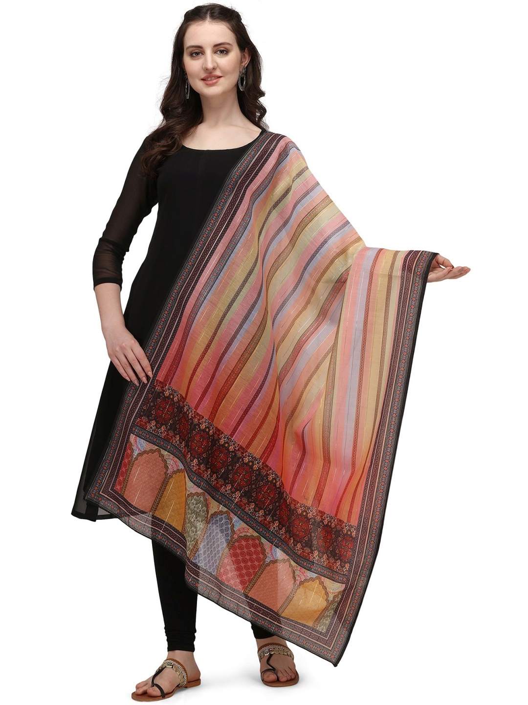 

Nimidiya Striped Printed Cotton Dupatta, Pink