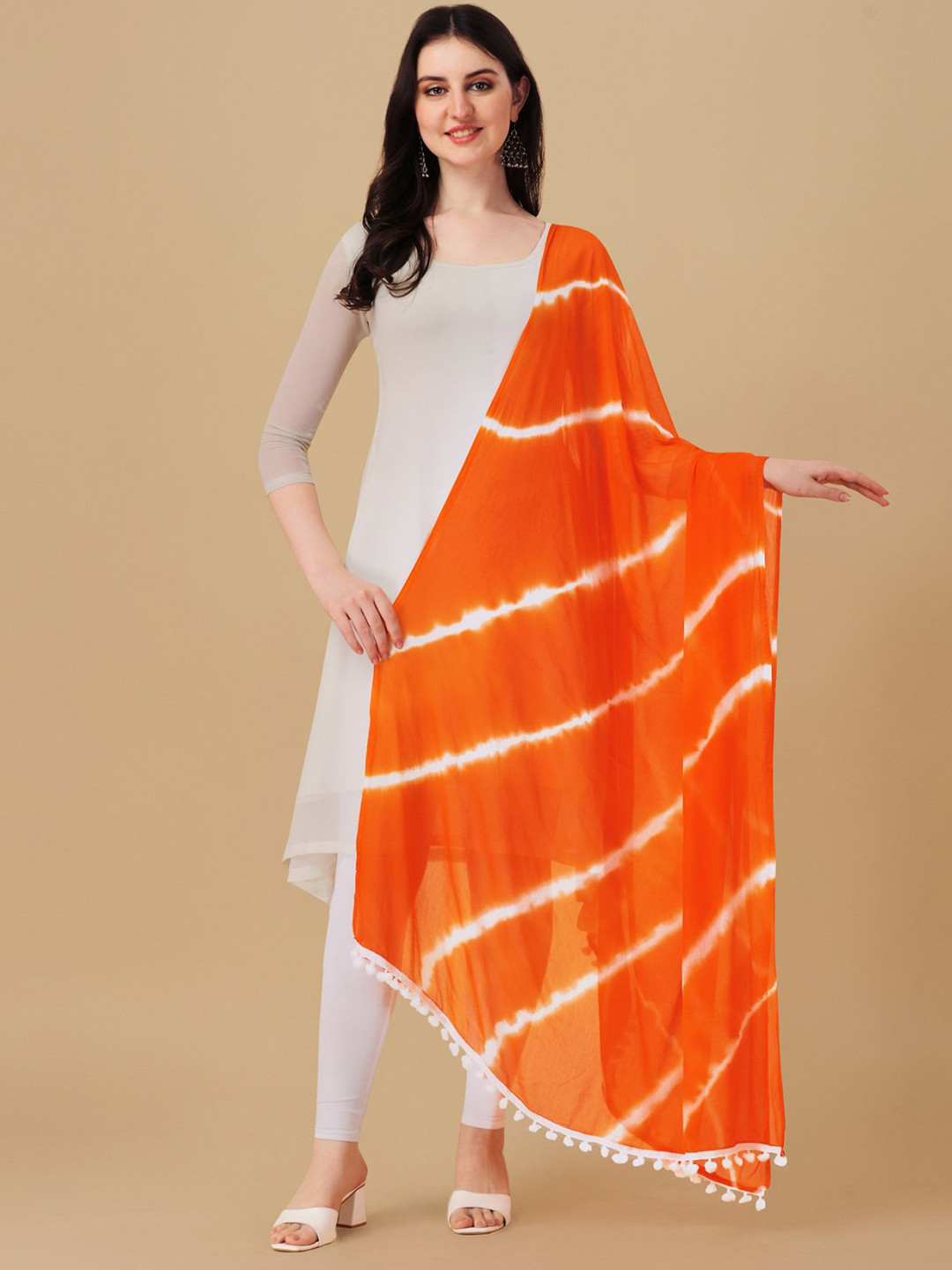 

Nimidiya Orange & White Printed Dupatta