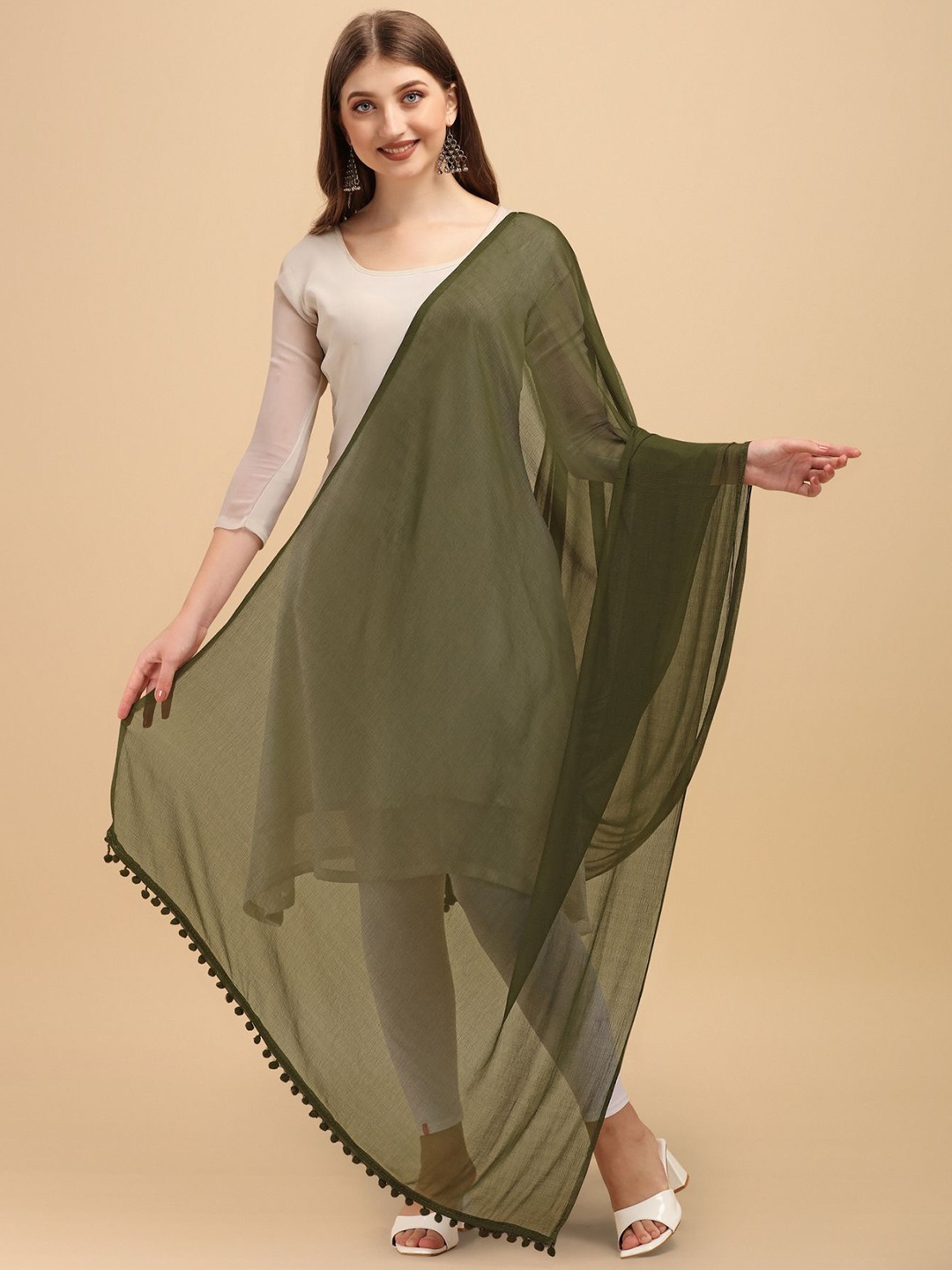 Nimidiya Poly Chiffon Tasseled Border Dupatta, Olive