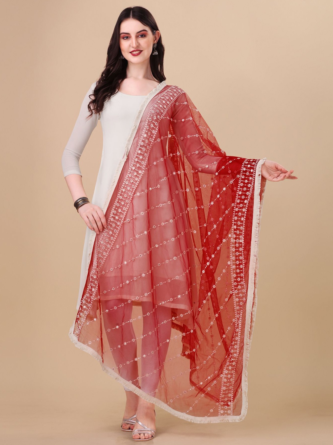 

Nimidiya Sequinned Embellished Dupatta, Red