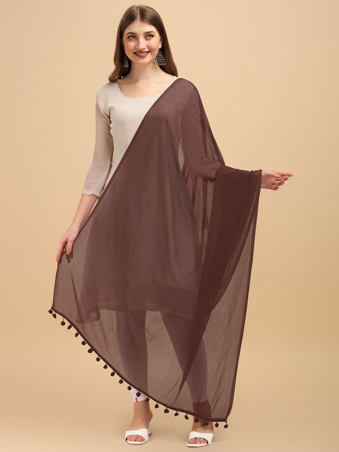 

Nimidiya Poly Chiffon Tasseled Border Dupatta, Coffee brown