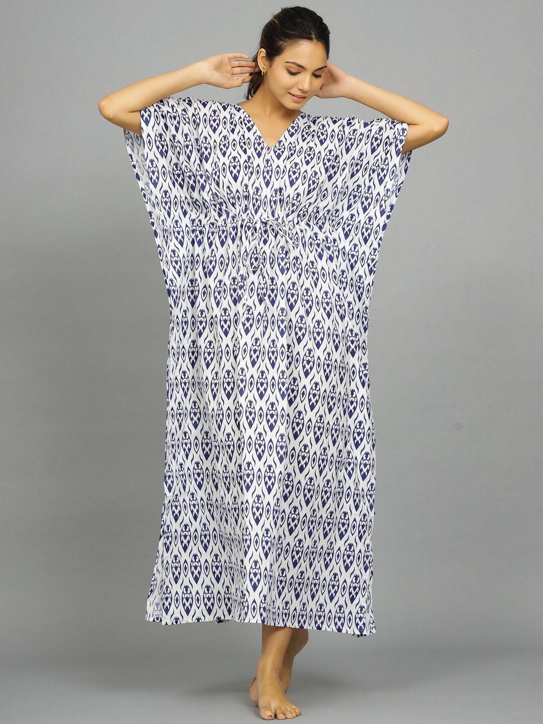 HANDICRAFT PALACE Ethnic Motifs Printed Pure Cotton Kaftan Maxi Nightdress, White