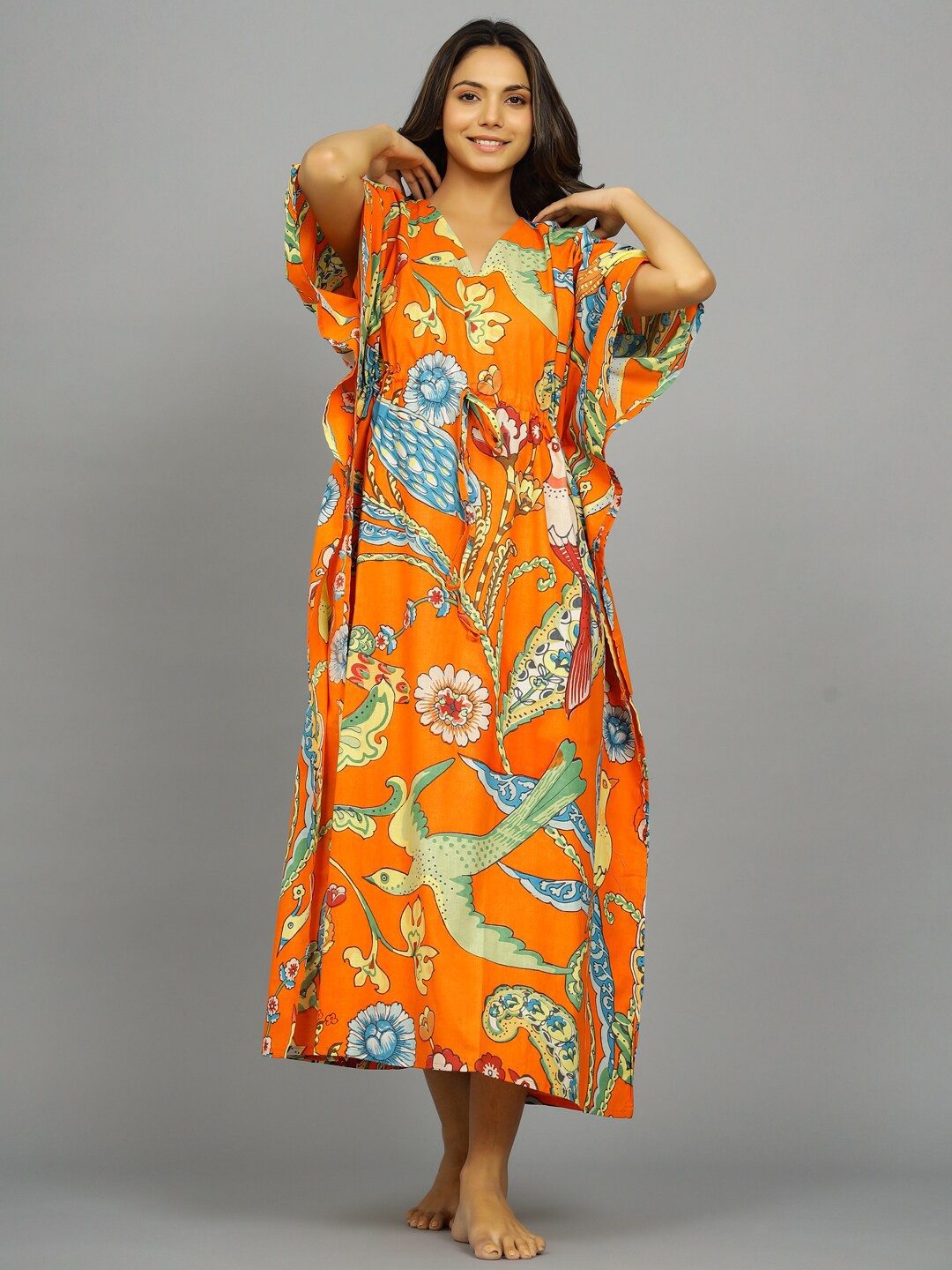 

HANDICRAFT PALACE Ethnic Motifs Printed Pure Cotton Kaftan Maxi Nightdress, Orange