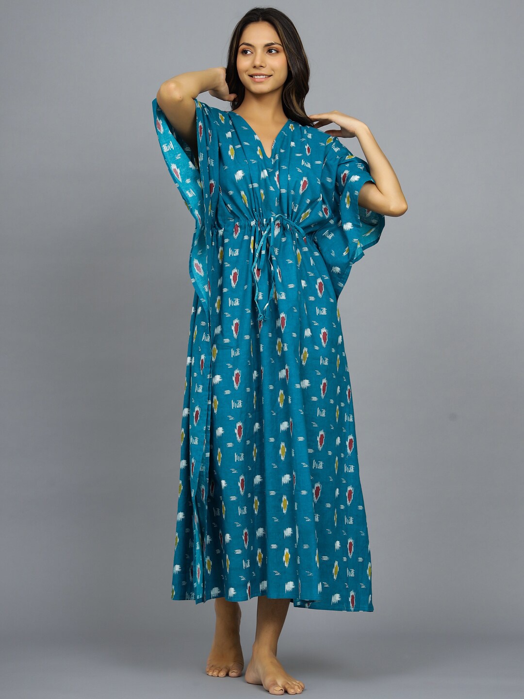 

HANDICRAFT PALACE Ethnic Motifs Printed Pure Cotton Maxi Kaftan Nightdress, Blue