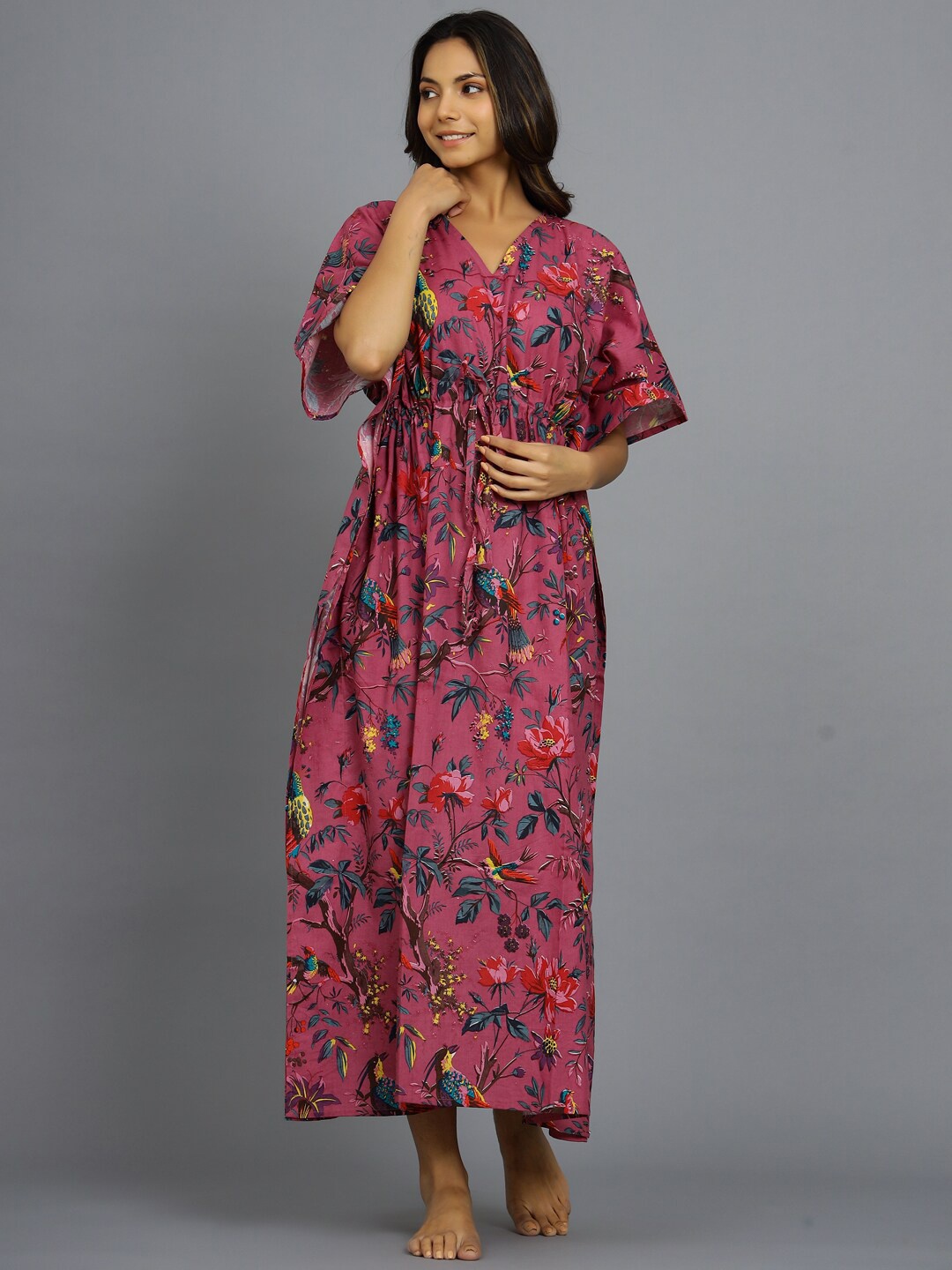 

HANDICRAFT PALACE Floral Printed Pure Cotton Maxi Kaftan Nightdress, Pink