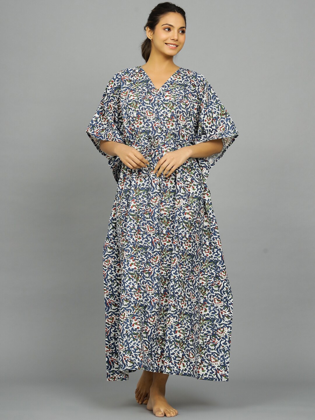 

HANDICRAFT PALACE Ethnic Motifs Printed Pure Cotton Kaftan Maxi Nightdress, Blue