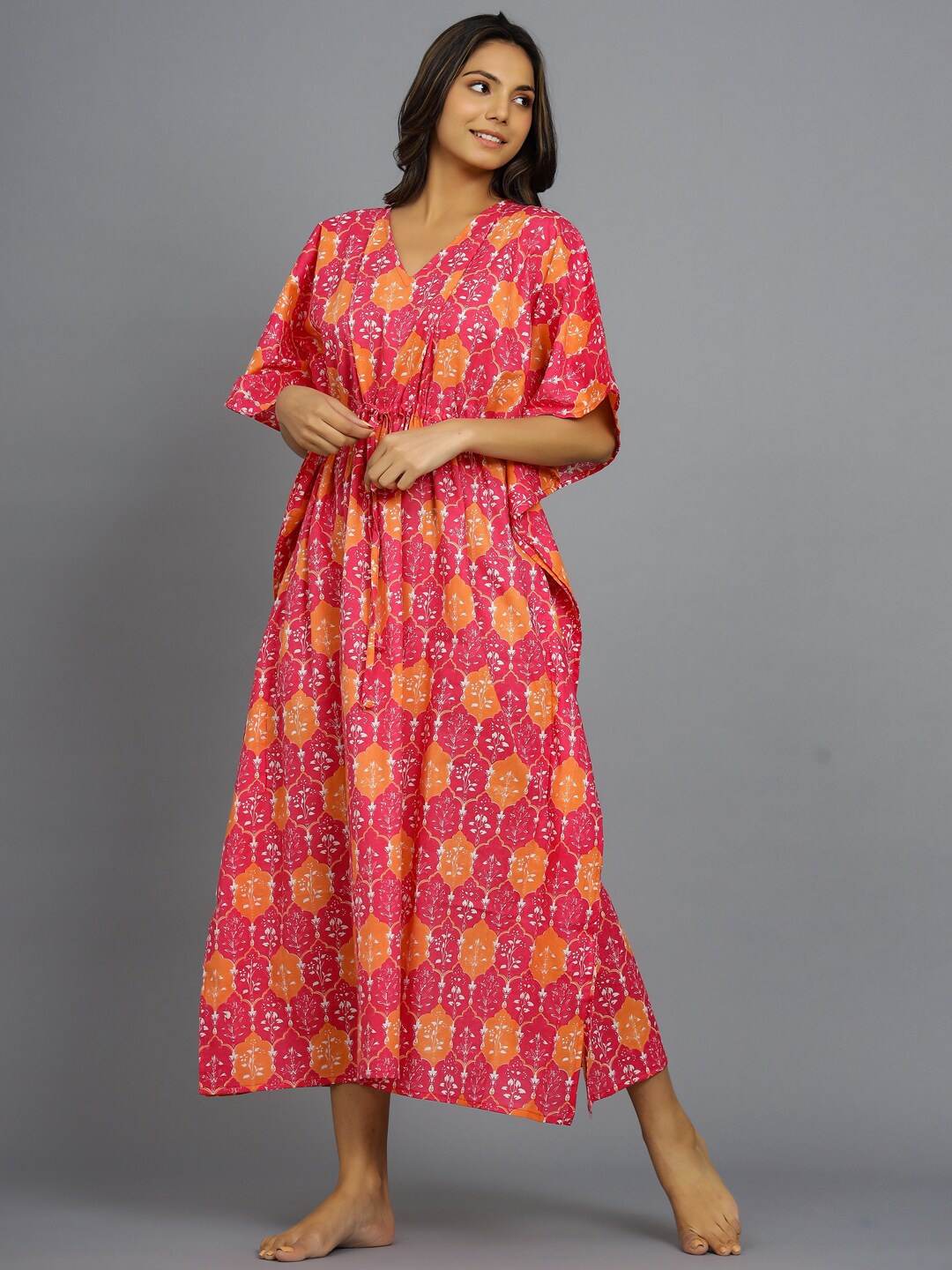 

HANDICRAFT PALACE Ethnic Motifs Printed Pure Cotton Maxi Kaftan Nightdress, Pink