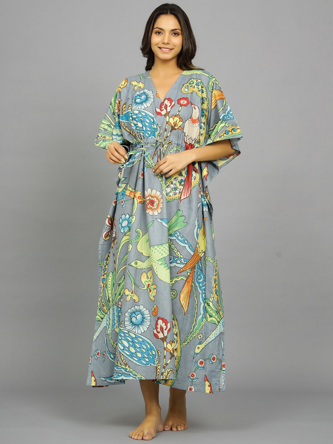 

HANDICRAFT PALACE Ethnic Motifs Printed Pure Cotton Kaftan Maxi Nightdress, Grey