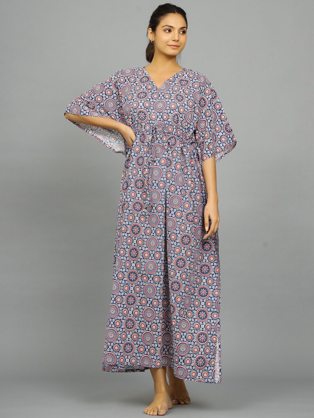 

HANDICRAFT PALACE Ethnic Motifs Printed Pure Cotton Maxi Kaftan Nightdress, Blue