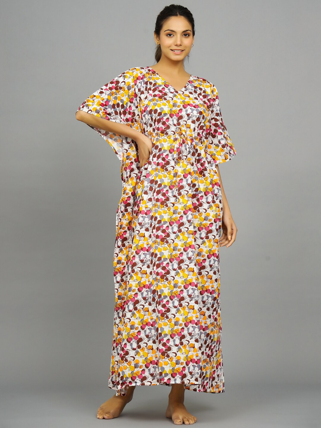 

HANDICRAFT PALACE Floral Printed Pure Cotton Maxi Kaftan Nightdress, White