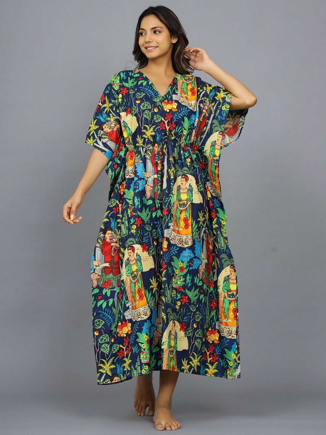 

HANDICRAFT PALACE Ethnic Motifs Printed Pure Cotton Kaftan Maxi Nightdress, Navy blue