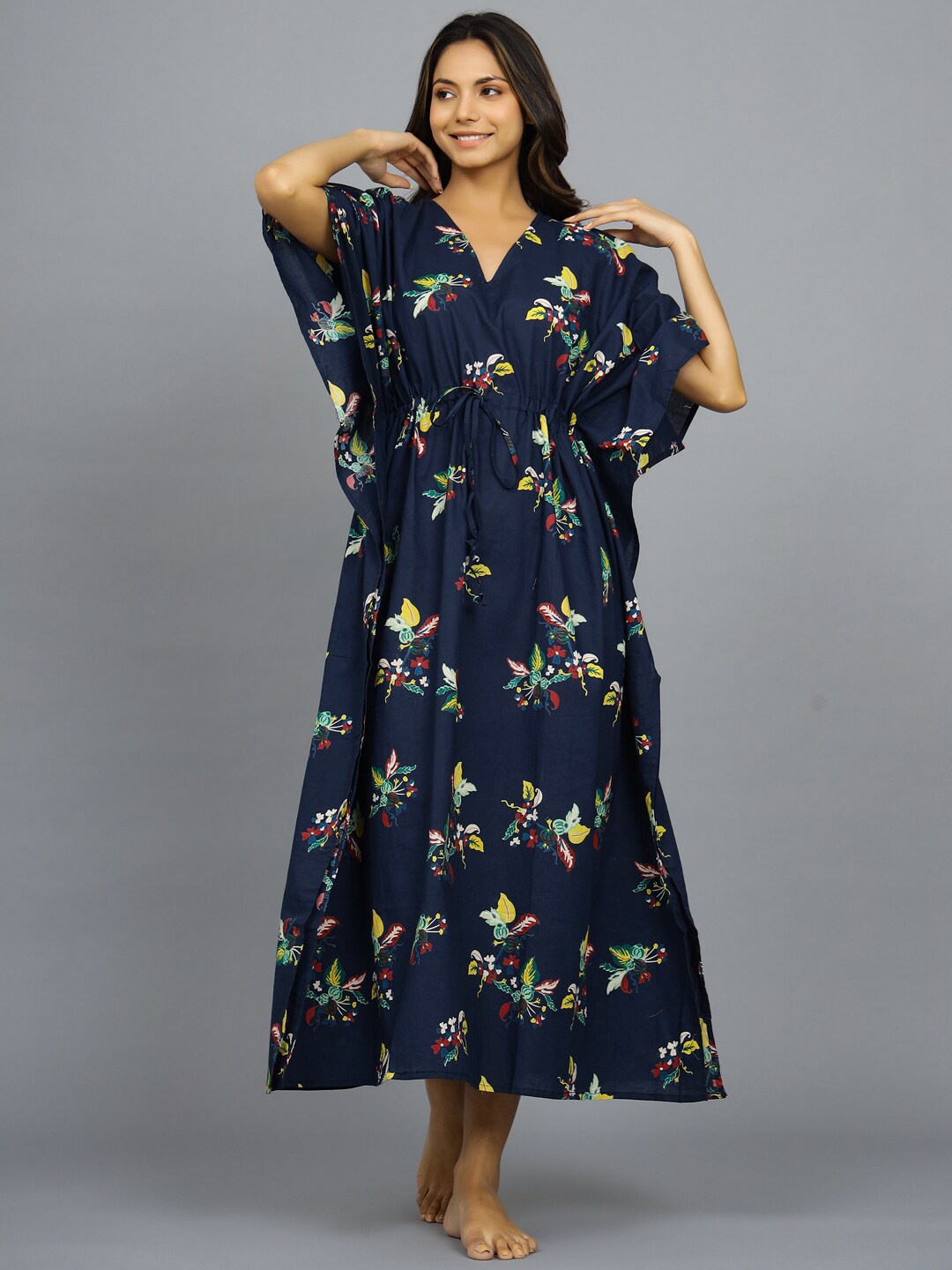 

HANDICRAFT PALACE Floral Printed Pure Cotton Maxi Kaftan Nightdress, Navy blue