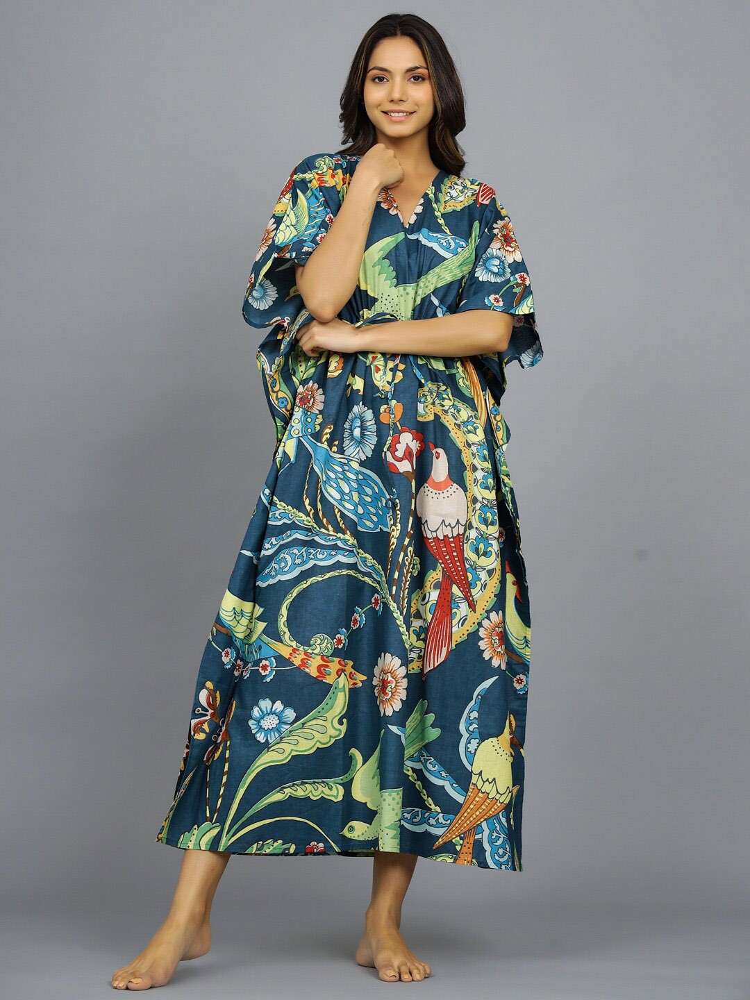 

HANDICRAFT PALACE Ethnic Motifs Printed Pure Cotton Kaftan Maxi Nightdress, Blue