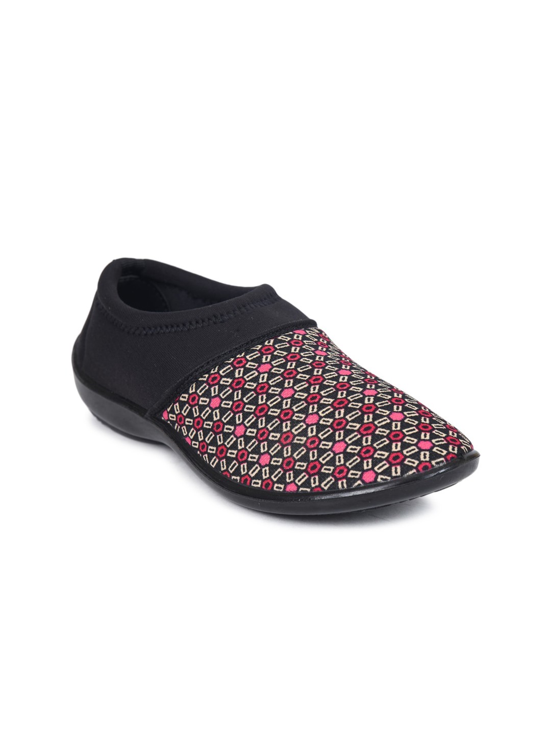 

Ajanta Women Printed Lightweight Textile Comfort Insole Contrast Sole Slip-On Sneakers, Black