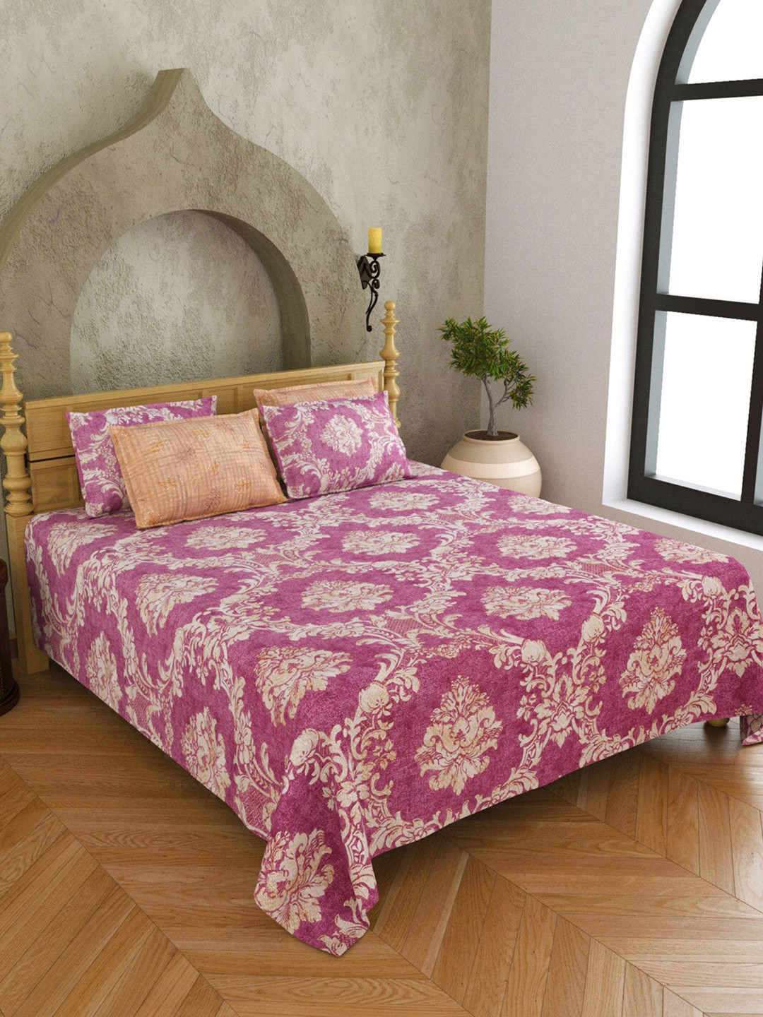 

JAIPUR FABRIC Pink & Orange Ethnic Motifs Cotton 300 TC King Bedsheet With 4 Pillow Covers