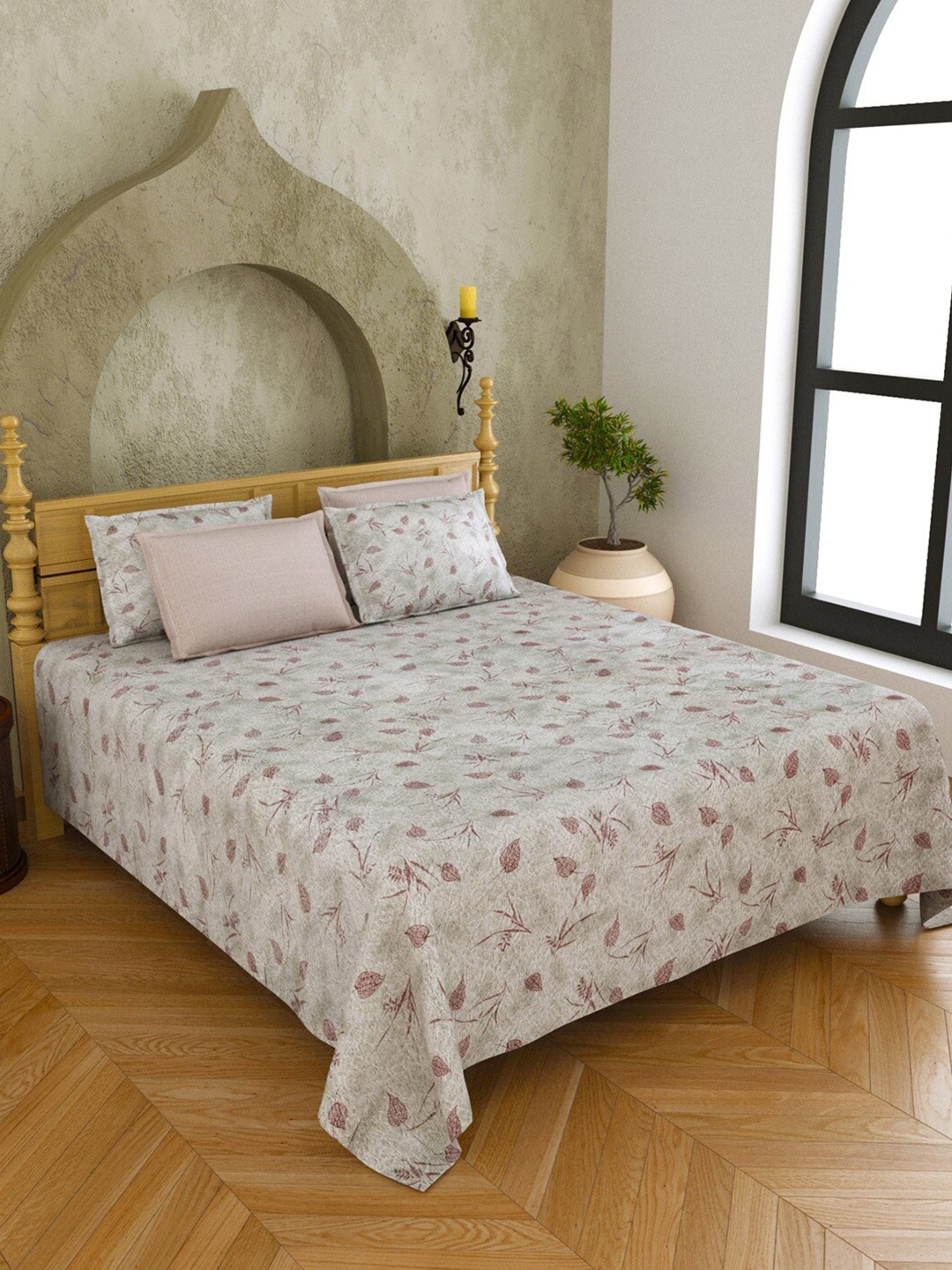 

JAIPUR FABRIC Pink & Green Cotton Geometric 300 TC King Bedsheet With 4 Pillow Covers