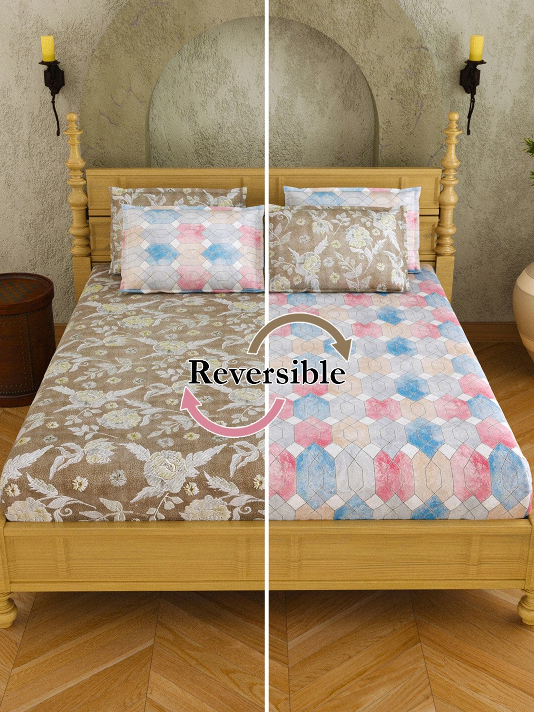 

JAIPUR FABRIC Brown Printed 300 TC Cotton Reversible King Bedsheet with 4 Pillow Covers