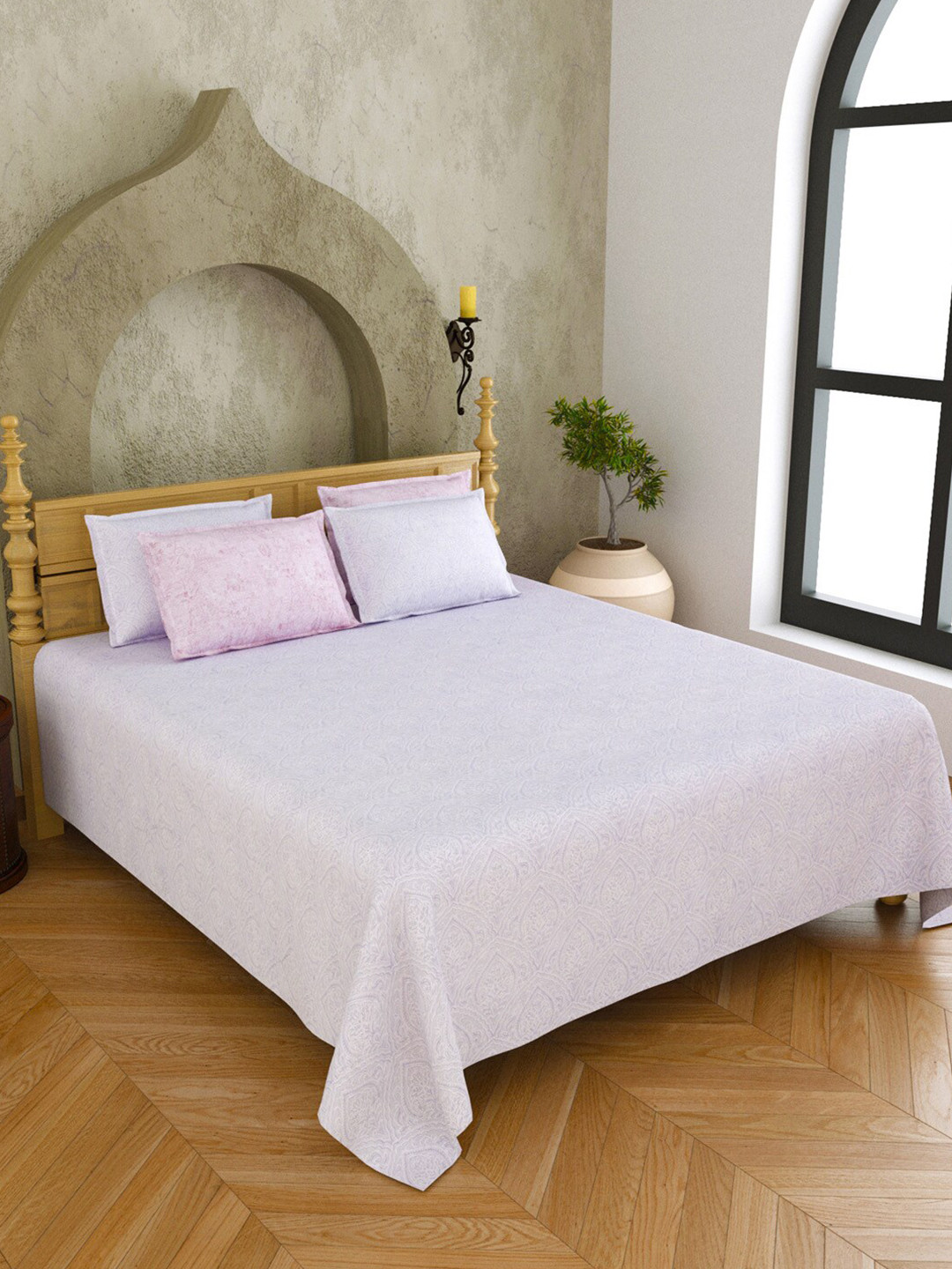 

JAIPUR FABRIC Purple & Pink Ethnic Motifs Cotton 300 TC King Bedsheet With 4 Pillow Covers