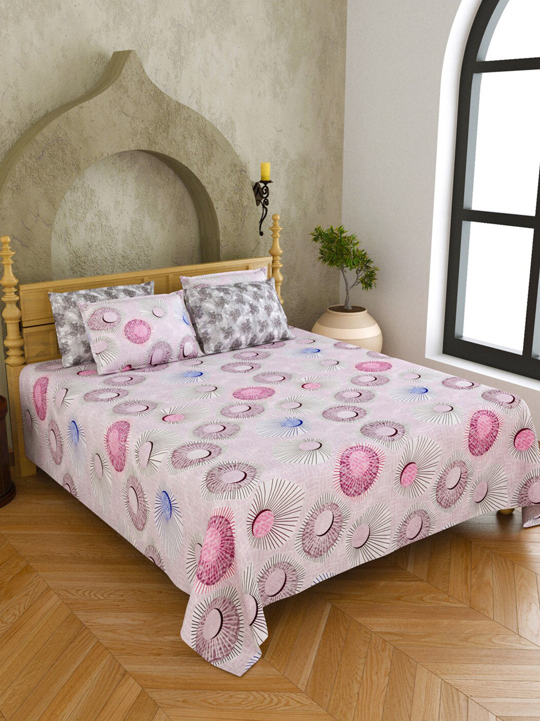 

JAIPUR FABRIC Rose & Grey Ethnic Motifs Cotton 300 TC King Bedsheet With 4 Pillow Covers
