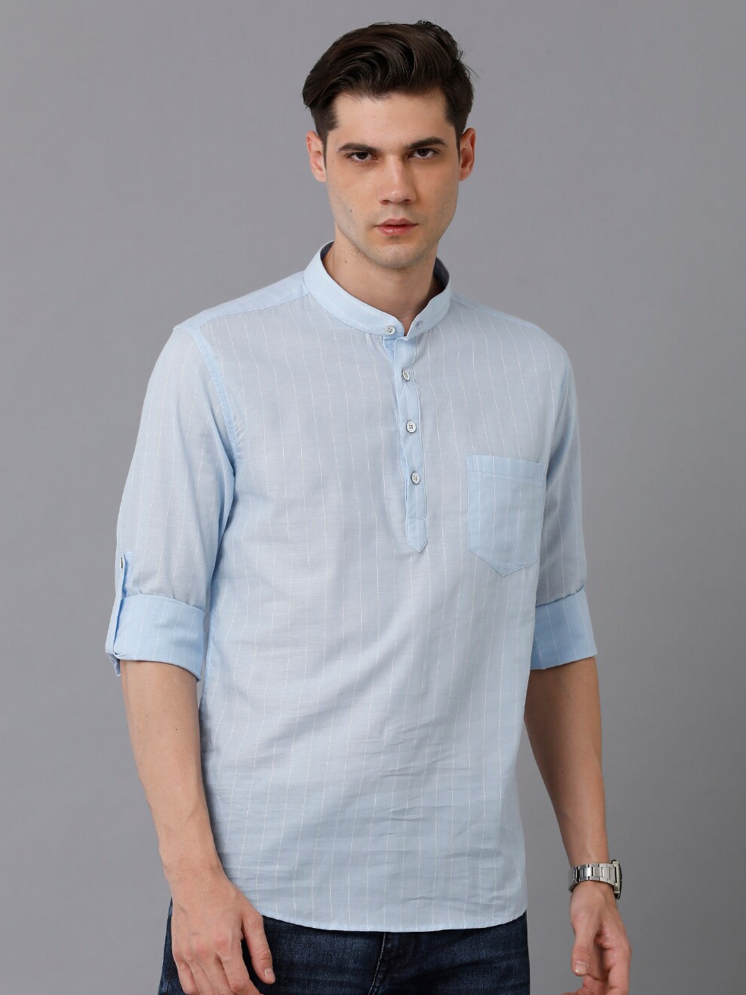 

YOVISH Men Cotton Mandarin Collar Roll-Up Sleeves Comfort Opaque Casual Shirt, Blue