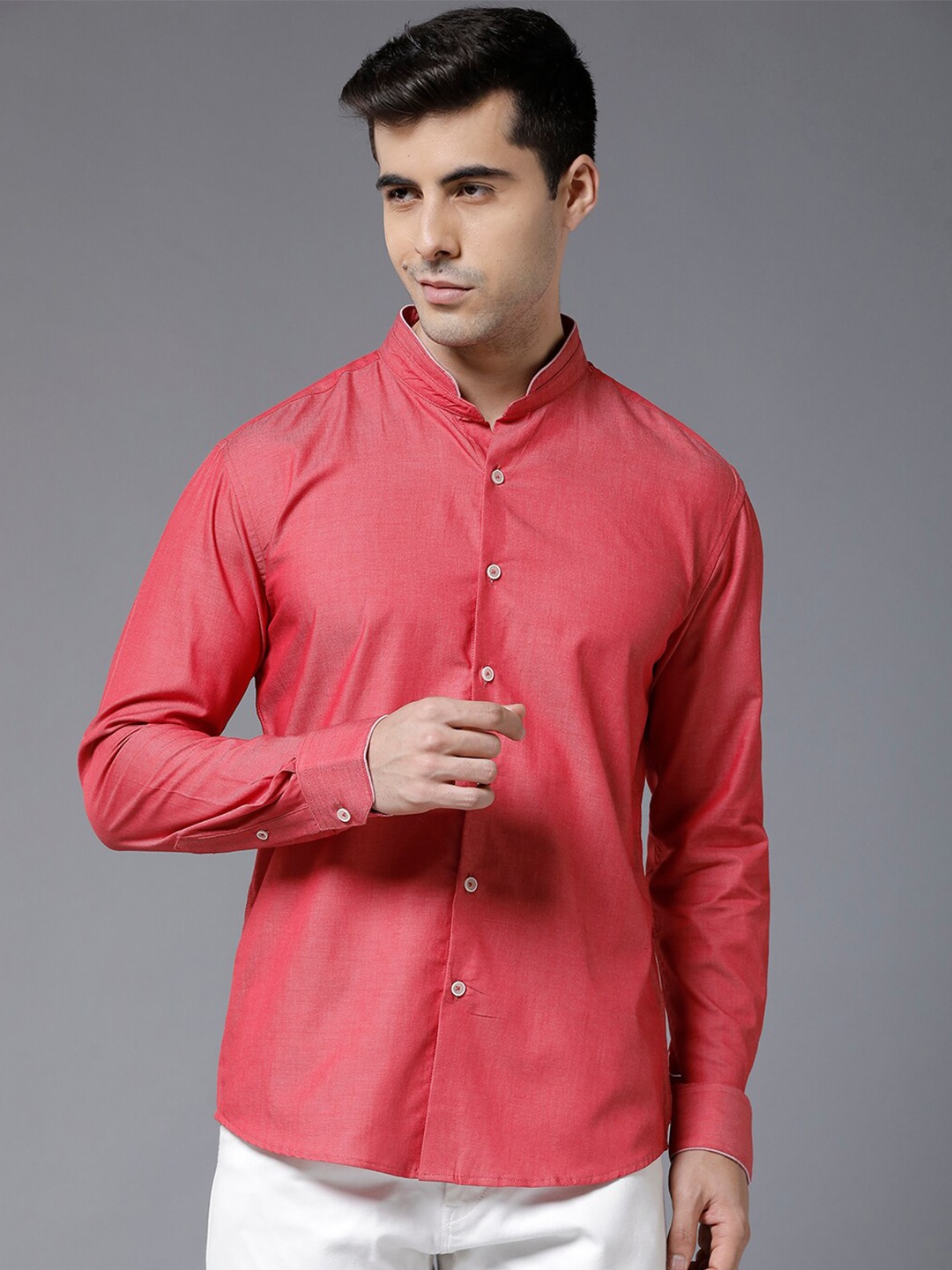 

YOVISH Mandarin Collar Long Sleeves Comfort Fit Cotton Casual Shirt, Pink