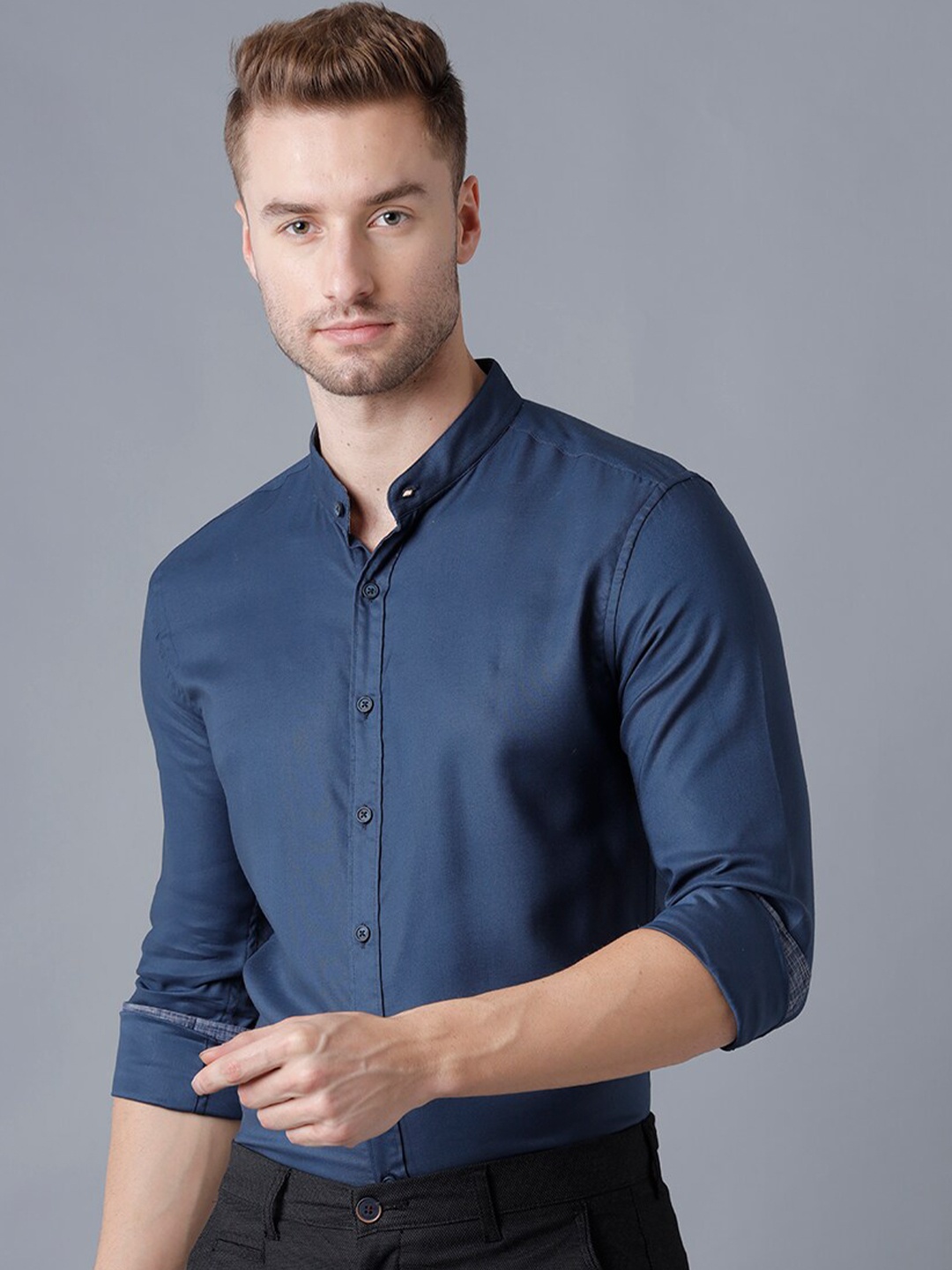 

YOVISH Men Cotton Mandarin Collar Comfort Opaque Casual Shirt, Navy blue