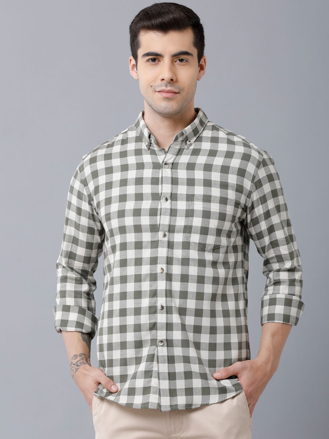 

YOVISH Checked Button-Down Collar Comfort Fit Cotton Casual Shirt, Green