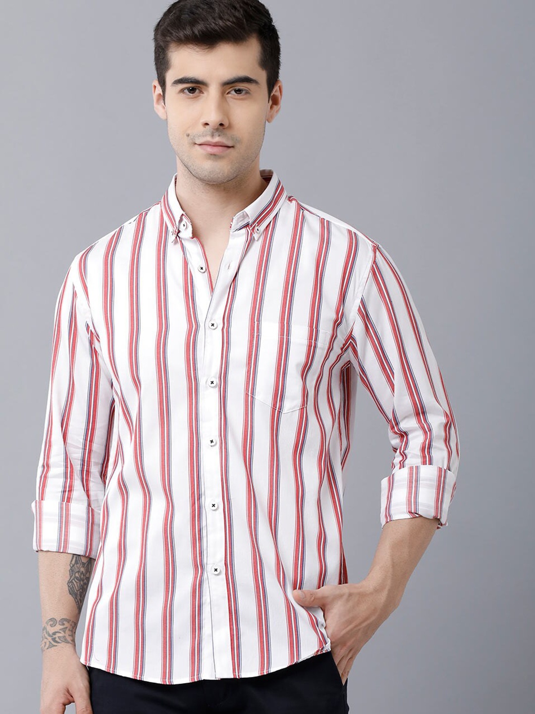 

YOVISH Comfort Vertical Striped Button Down Collar Cotton Casual Shirt, White