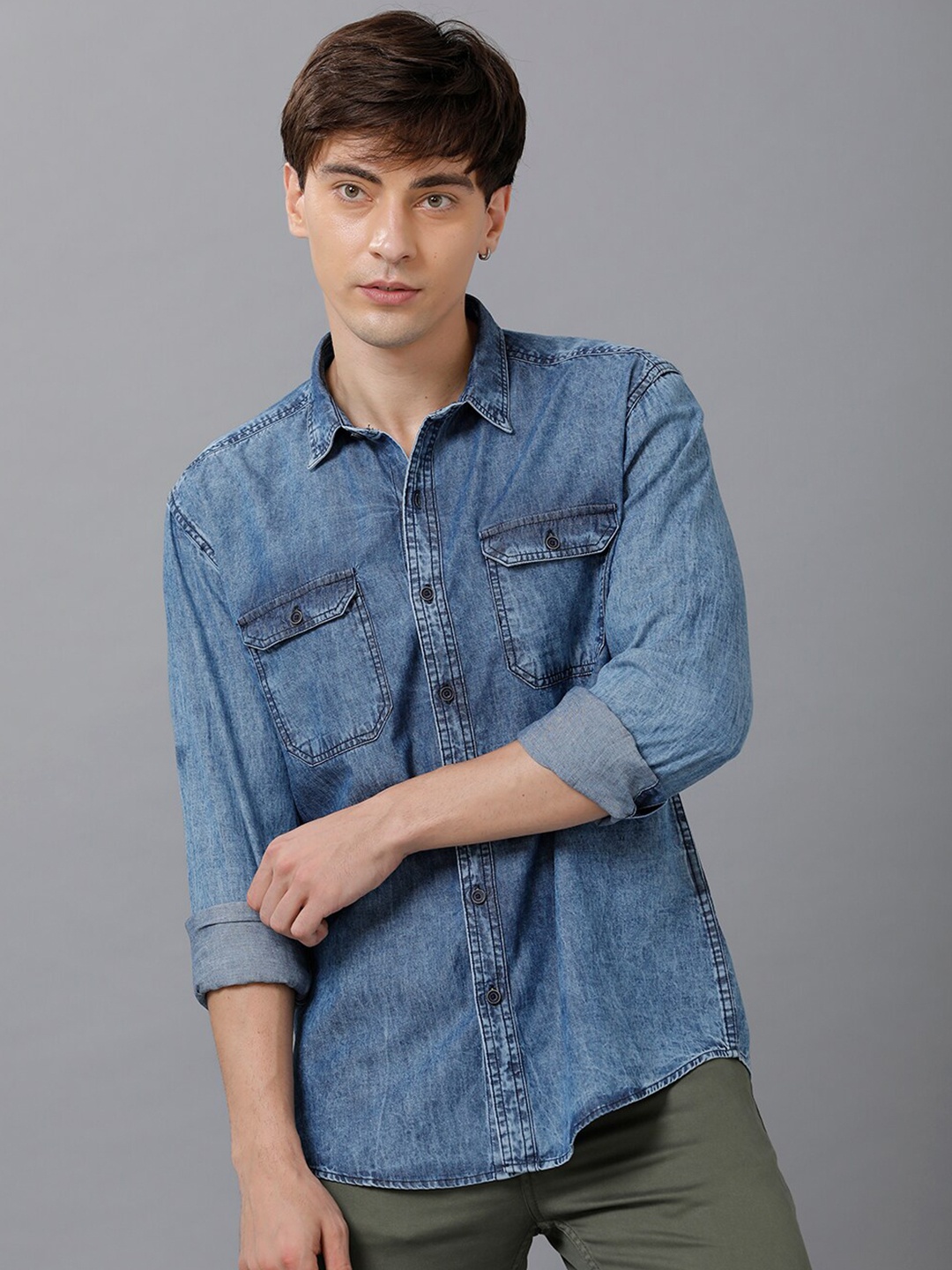 

YOVISH Long Sleeves Comfort Fit Faded Cotton Denim Casual Shirt, Blue