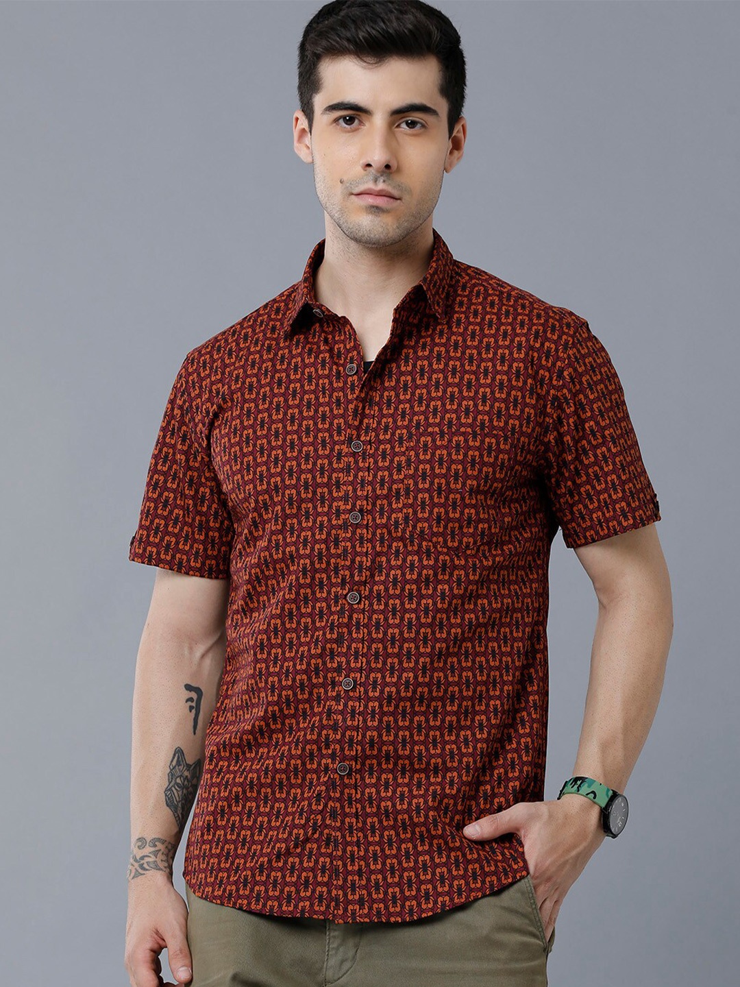 

YOVISH Geometric Printed Short Sleeves Comfort Fit Cotton Casual Shirt, Red