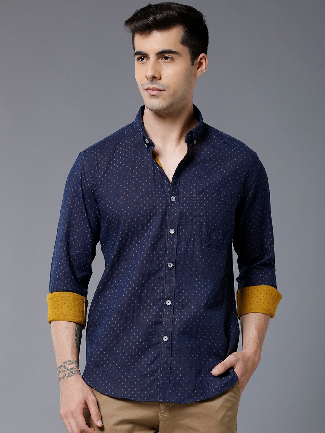 

YOVISH Micro Ditsy Printed Long Sleeves Comfort Fit Cotton Casual Shirt, Navy blue