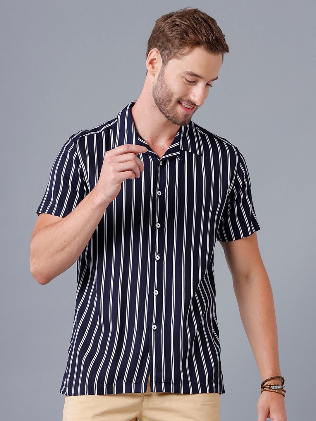 

YOVISH Striped Short Sleeves Comfort Fit Cotton Casual Shirt, Navy blue