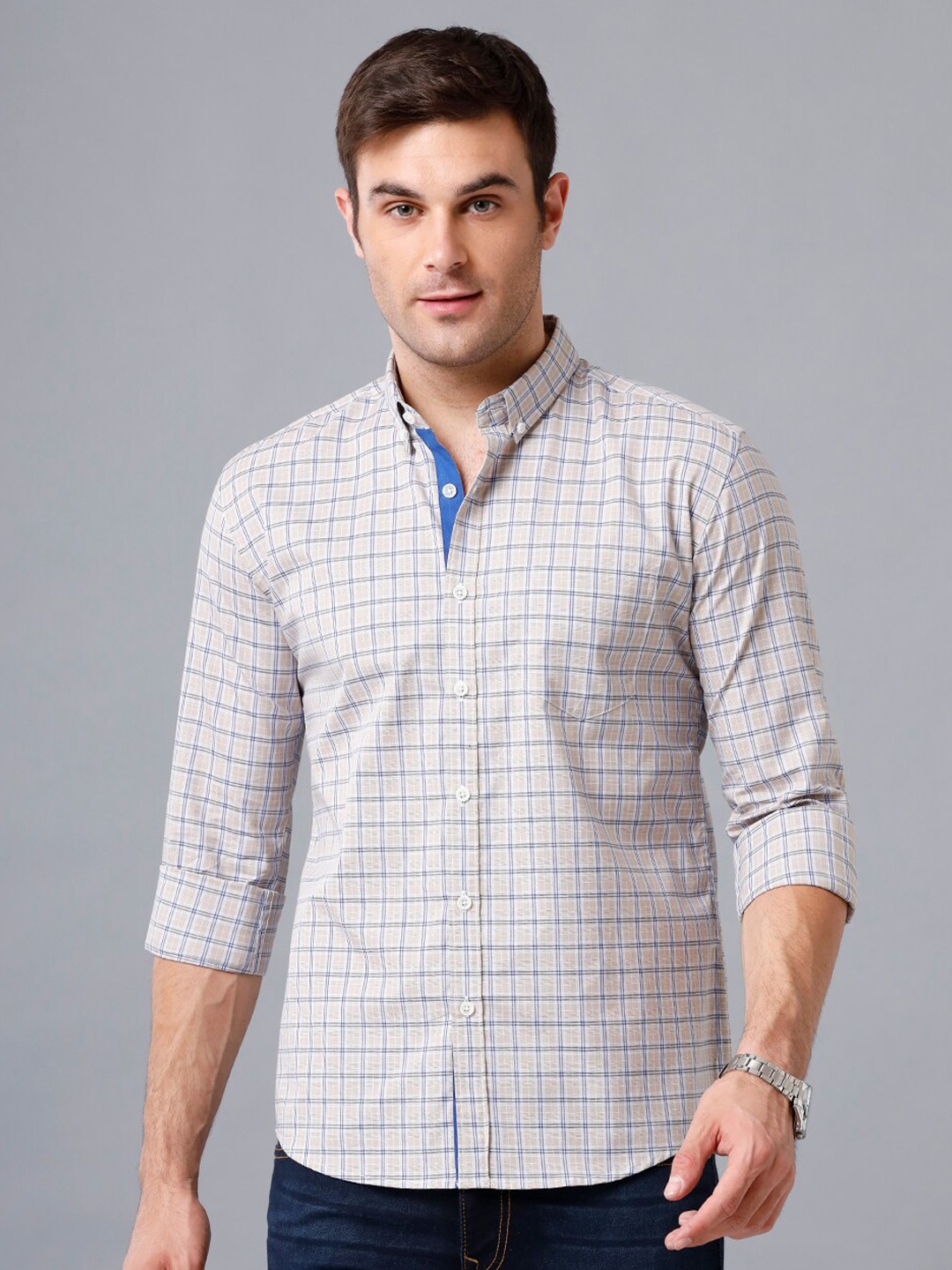 

YOVISH Men Checked Cotton Button-Down Collar Smart Opaque Casual Shirt, Cream