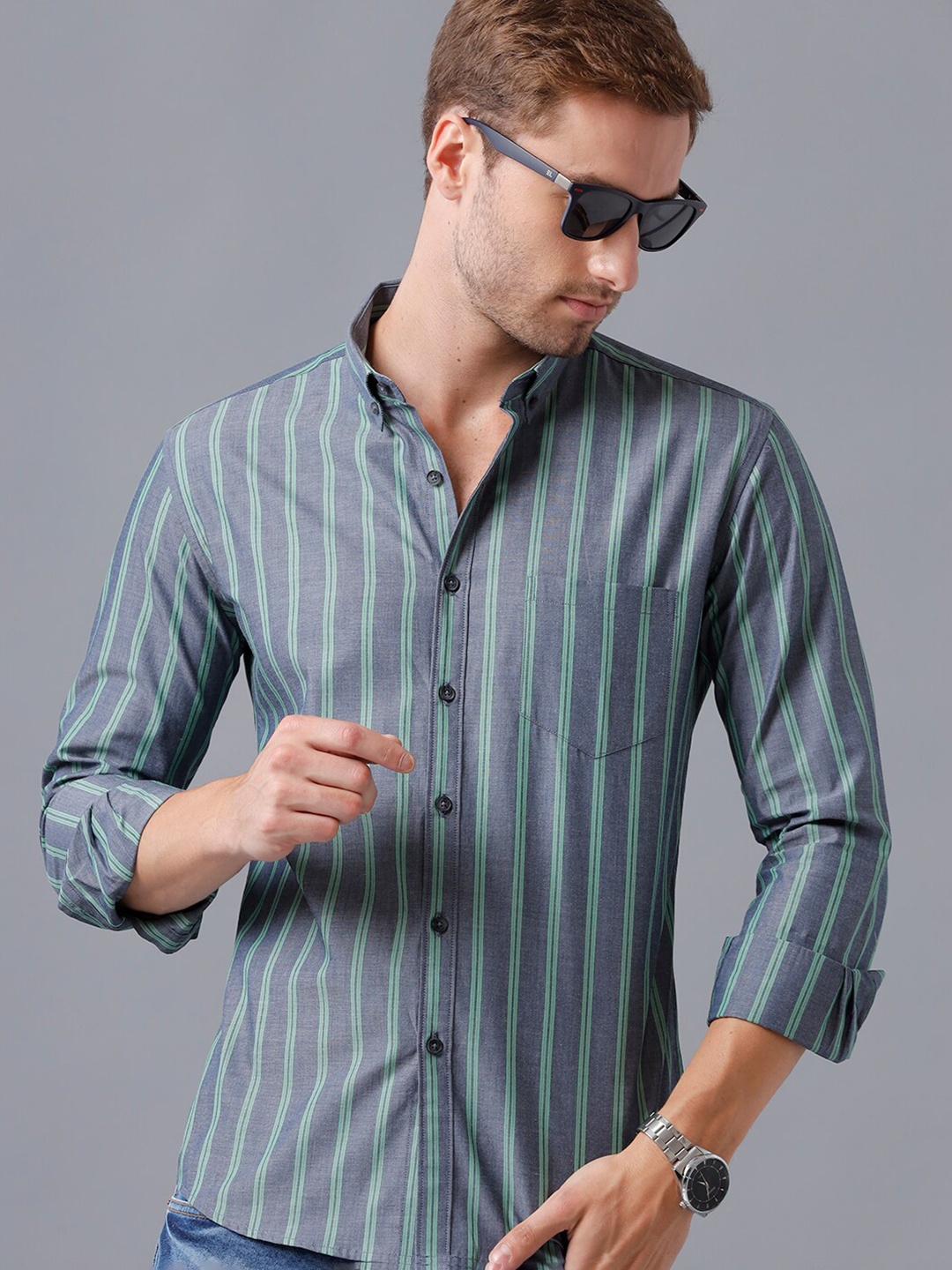 

YOVISH Comfort Opaque Striped Button Down Collar Cotton Casual Shirt, Green