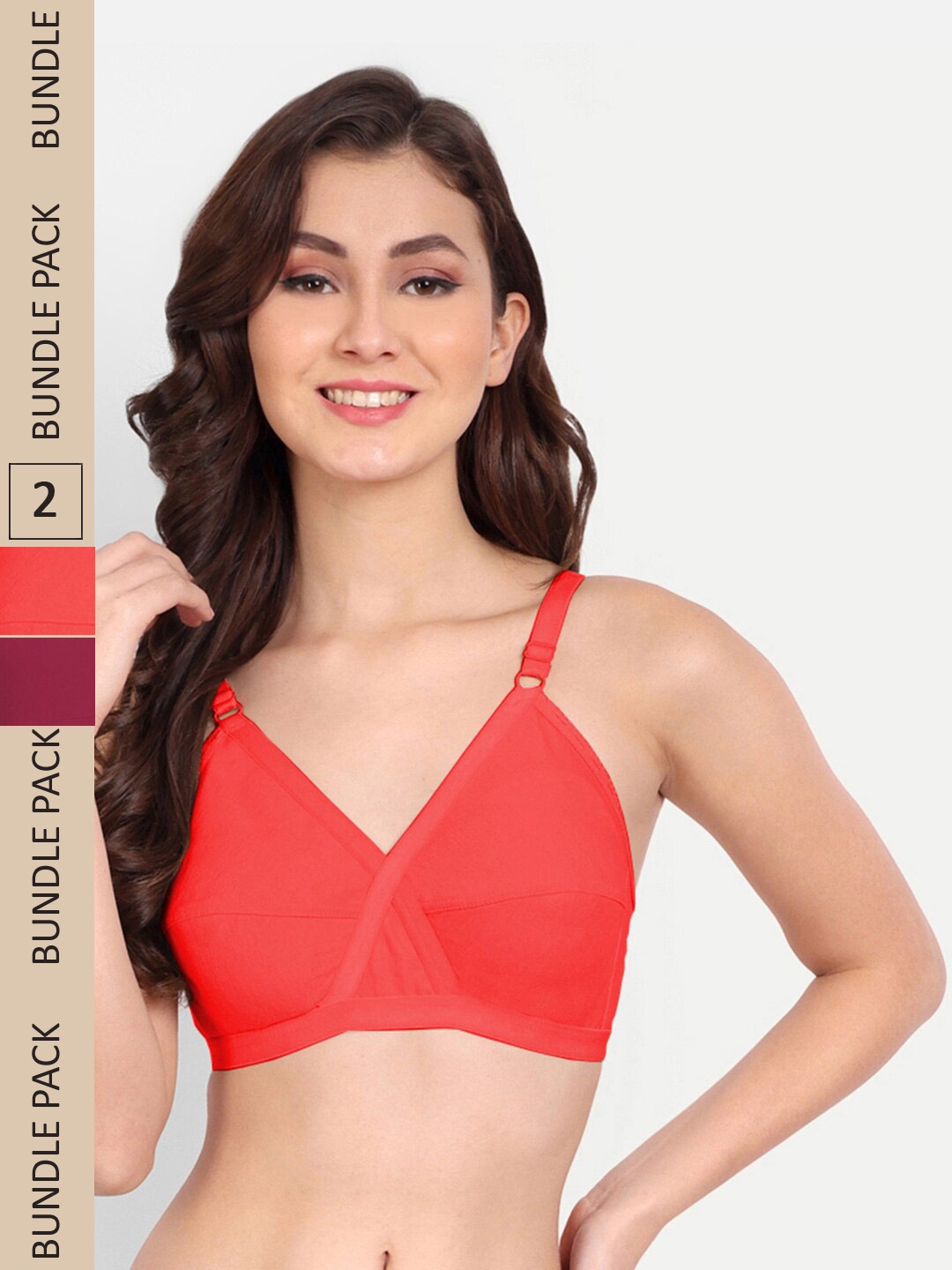 

FIMS Pack of 2 Non Paddded Full Coverage Cotton Everyday Bra, Red