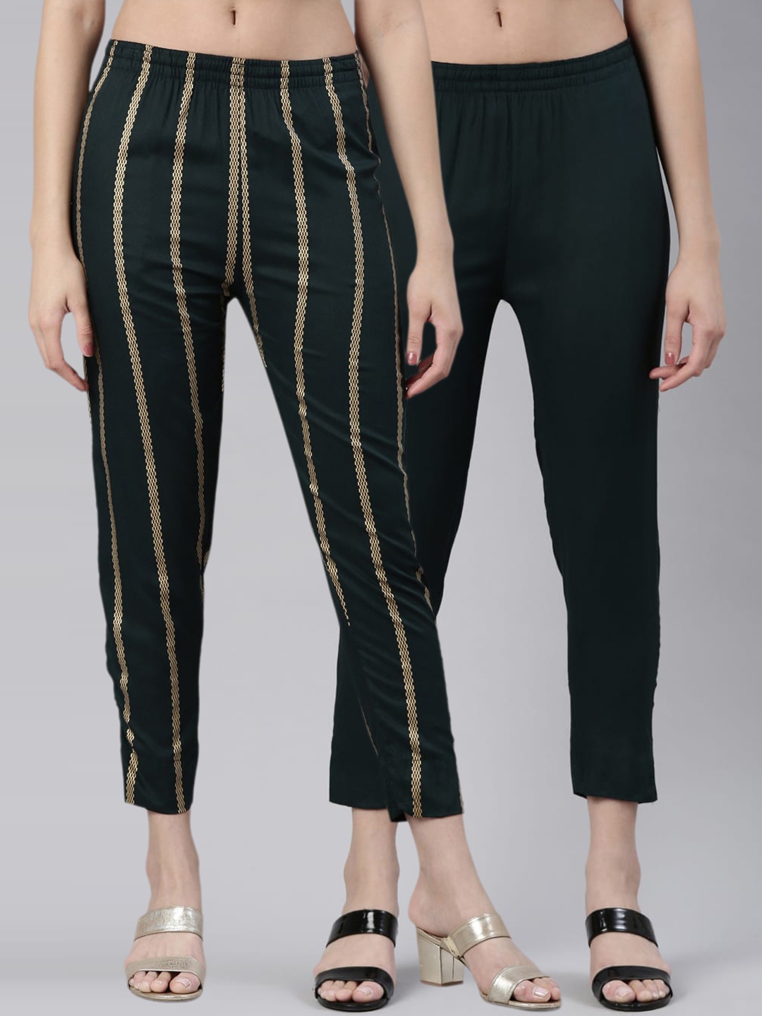 

Kryptic Women Pack Of 2 Striped Mid-Rise Plain Cropped Trousers, Green
