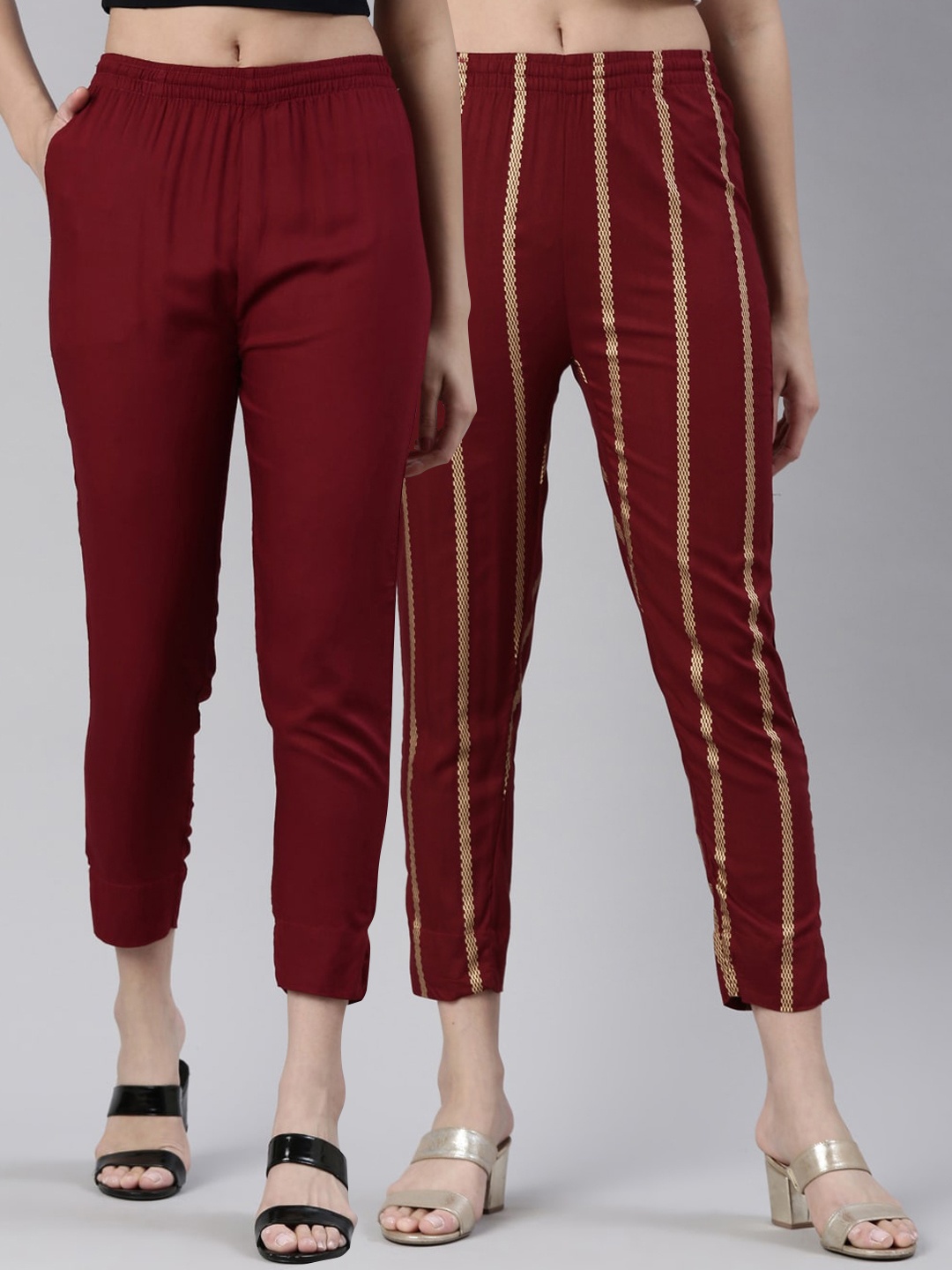 

Kryptic Women Pack Of 2 Mid-Rise Slim Fit Trousers, Maroon