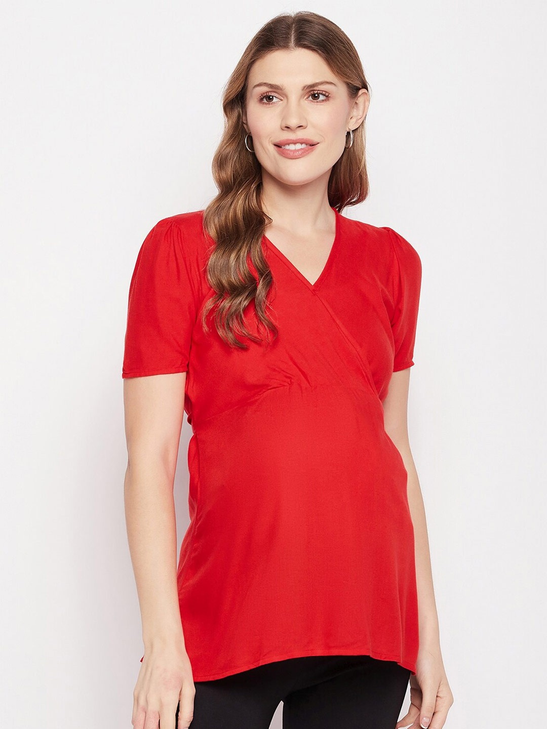 

NABIA V-Neck Puff Sleeves Waist Tie-Ups Wrap Maternity Top, Red