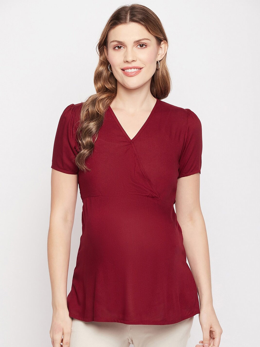 

NABIA V-Neck Puff Sleeves Waist Tie-Ups Wrap Maternity Top, Maroon